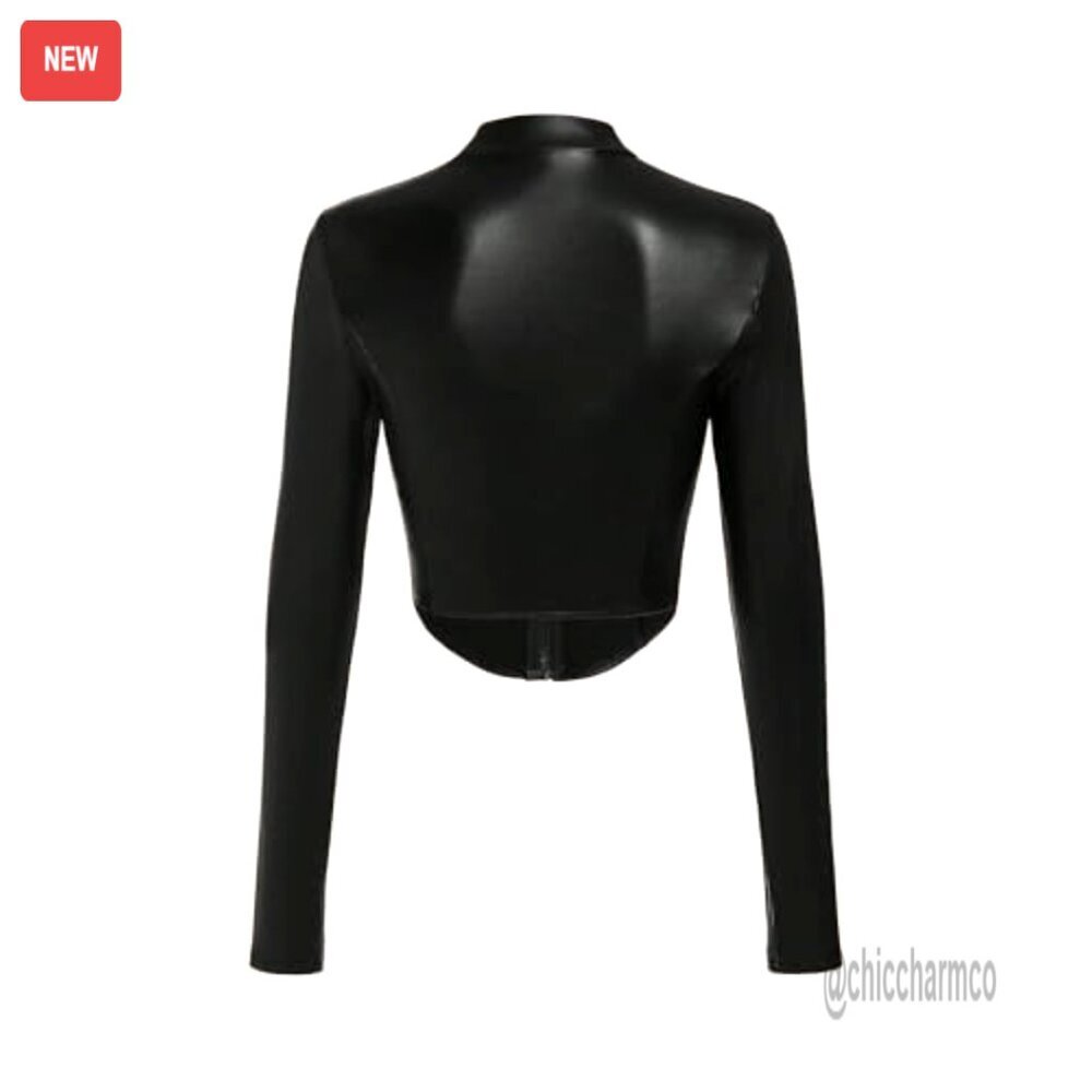Leather Cropped Jacket Zip Up Outerwear Long Sleeve Stand Collar - Picture 3 of 6